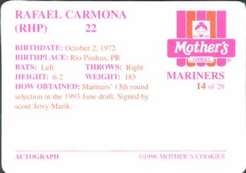 1996 Mother's Cookies Seattle Mariners #14 Rafael Carmona Back