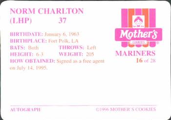 1996 Mother's Cookies Seattle Mariners #16 Norm Charlton Back