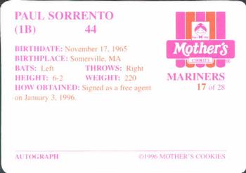 1996 Mother's Cookies Seattle Mariners #17 Paul Sorrento Back