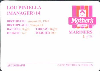 1996 Mother's Cookies Seattle Mariners #1 Lou Piniella Back