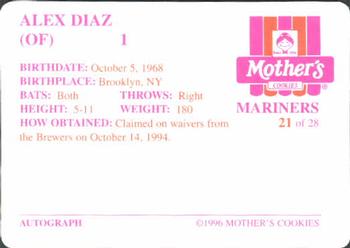 1996 Mother's Cookies Seattle Mariners #21 Alex Diaz Back