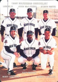 1996 Mother's Cookies Seattle Mariners #28 Coaches & Checklist (Lee Elia / John McLaren / Steve Smith / Matt Sinatro / Sam Mejias / Bobby Cuellar) Front