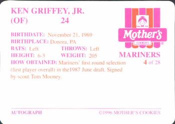 1996 Mother's Cookies Seattle Mariners #4 Ken Griffey Jr. Back