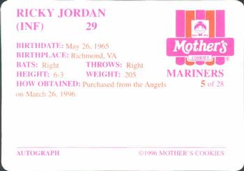 1996 Mother's Cookies Seattle Mariners #5 Ricky Jordan Back