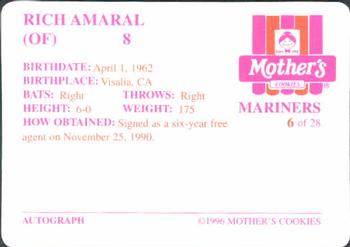 1996 Mother's Cookies Seattle Mariners #6 Rich Amaral Back