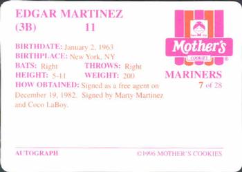 1996 Mother's Cookies Seattle Mariners #7 Edgar Martinez Back