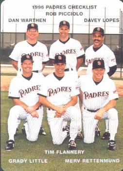 1996 Mother's Cookies San Diego Padres #28 Coaches & Checklist (Dan Warthen / Rob Picciolo / Davey Lopes / Grady Little / Tim Flannery / Merv Rettenmund) Front