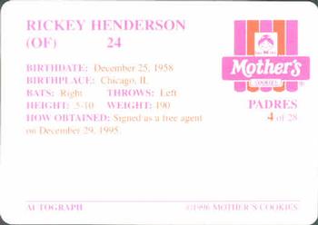 1996 Mother's Cookies San Diego Padres #4 Rickey Henderson Back