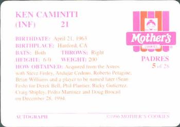 1996 Mother's Cookies San Diego Padres #5 Ken Caminiti Back