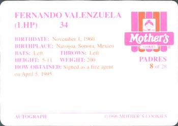 1996 Mother's Cookies San Diego Padres #8 Fernando Valenzuela Back