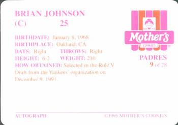 1996 Mother's Cookies San Diego Padres #9 Brian Johnson Back