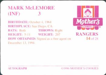 1996 Mother's Cookies Texas Rangers #14 Mark McLemore Back