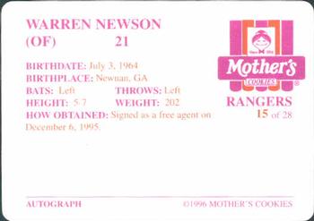 1996 Mother's Cookies Texas Rangers #15 Warren Newson Back