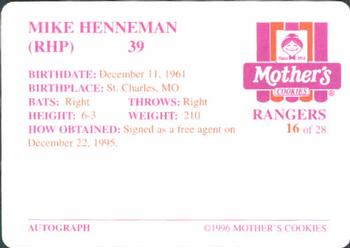 1996 Mother's Cookies Texas Rangers #16 Mike Henneman Back