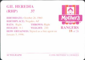 1996 Mother's Cookies Texas Rangers #18 Gil Heredia Back