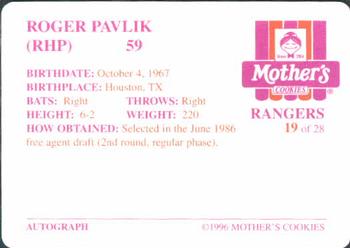 1996 Mother's Cookies Texas Rangers #19 Roger Pavlik Back