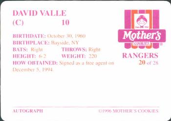 1996 Mother's Cookies Texas Rangers #20 Dave Valle Back