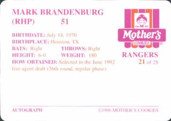 1996 Mother's Cookies Texas Rangers #21 Mark Brandenburg Back