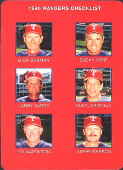 1996 Mother's Cookies Texas Rangers #28 Coaches & Checklist (Dick Bosman / Bucky Dent / Larry Hardy / Rudy Jaramillo / Ed Napoleon / Jerry Narron) Front