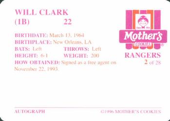 1996 Mother's Cookies Texas Rangers #2 Will Clark Back