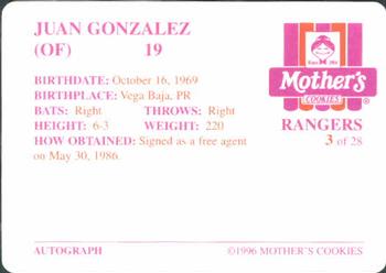 1996 Mother's Cookies Texas Rangers #3 Juan Gonzalez Back