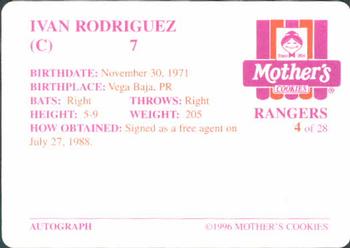 1996 Mother's Cookies Texas Rangers #4 Ivan Rodriguez Back