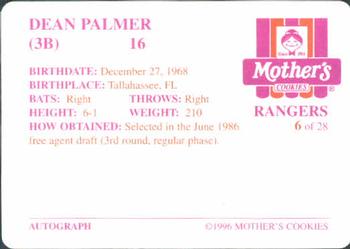 1996 Mother's Cookies Texas Rangers #6 Dean Palmer Back
