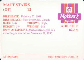1997 Mother's Cookies Oakland Athletics #16 Matt Stairs Back