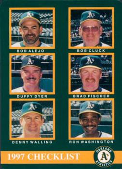 1997 Mother's Cookies Oakland Athletics #28 Coaches & Checklist (Bob Alejo / Bob Cluck / Duffy Dyer / Brad Fischer / Denny Walling / Ron Washington) Front