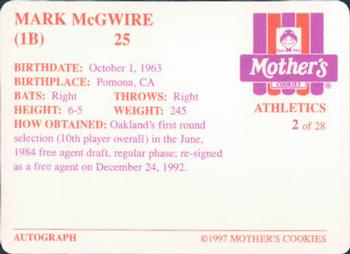 1997 Mother's Cookies Oakland Athletics #2 Mark McGwire Back