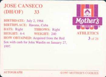 1997 Mother's Cookies Oakland Athletics #3 Jose Canseco Back