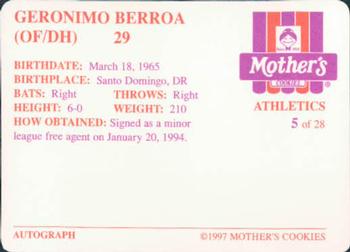 1997 Mother's Cookies Oakland Athletics #5 Geronimo Berroa Back