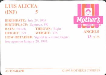 1997 Mother's Cookies Anaheim Angels #13 Luis Alicea Back