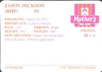 1997 Mother's Cookies Anaheim Angels #20 Jason Dickson Back