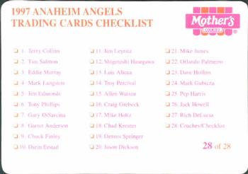 1997 Mother's Cookies Anaheim Angels #28 Coaches & Checklist (Larry Bowa / Rod Carew / Joe Coleman / Marcel Lachemann / Joe Maddon / Dave Parker) Back