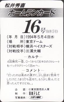 1994 NTV Hideki Matsui Homerun Cards #16 Hideki Matsui Back