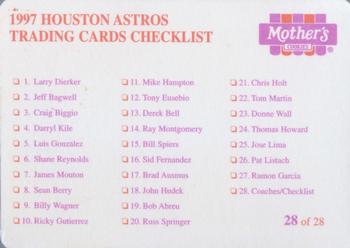 1997 Mother's Cookies Houston Astros #28 Coaches & Checklist (Alan Ashby / Jose Cruz / Mike Cubbage / Tom McCraw / Vern Ruhle / Bill Virdon) Back