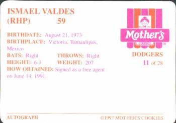 1997 Mother's Cookies Los Angeles Dodgers #11 Ismael Valdes Back