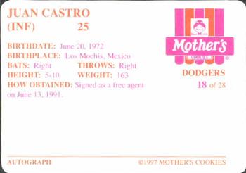1997 Mother's Cookies Los Angeles Dodgers #18 Juan Castro Back
