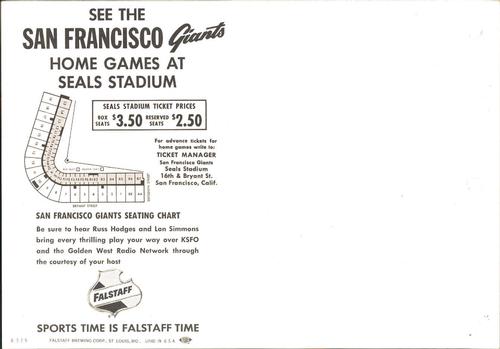 1959 Falstaff Beer San Francisco Giants Team Photo #1 San Francisco Giants Back