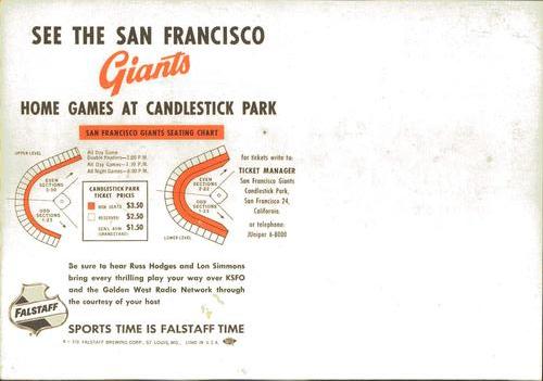 1960 Falstaff Beer San Francisco Giants Team Photo #NNO San Francisco Giants Back