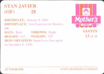1997 Mother's Cookies San Francisco Giants #13 Stan Javier Back