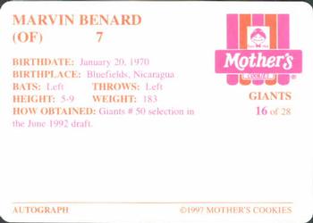 1997 Mother's Cookies San Francisco Giants #16 Marvin Benard Back
