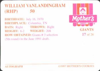 1997 Mother's Cookies San Francisco Giants #17 William Van Landingham Back