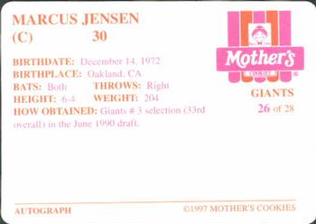 1997 Mother's Cookies San Francisco Giants #26 Marcus Jensen Back