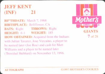 1997 Mother's Cookies San Francisco Giants #7 Jeff Kent Back
