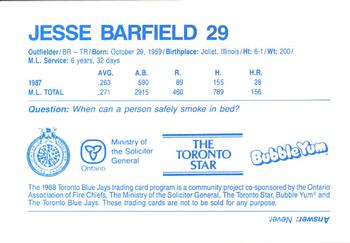 1988 Toronto Blue Jays Fire Safety #NNO Jesse Barfield Back