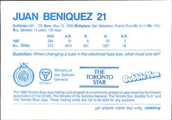 1988 Toronto Blue Jays Fire Safety #NNO Juan Beniquez Back