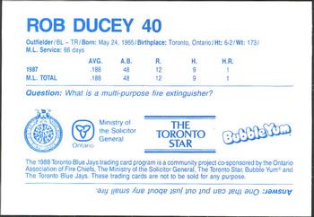 1988 Toronto Blue Jays Fire Safety #NNO Rob Ducey Back