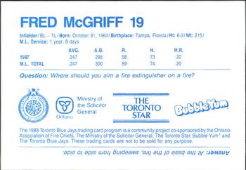 1988 Toronto Blue Jays Fire Safety #NNO Fred McGriff Back